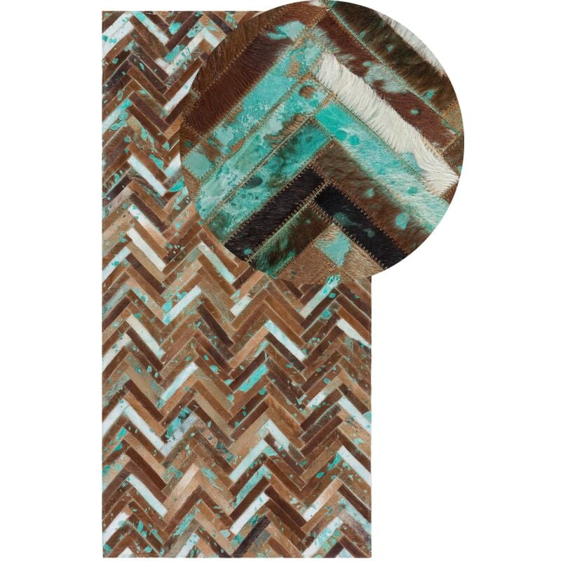 Tapis Patchwork 80 x 150 cm en Cuir Marron Beige et Bleu Fabriqué à la Main Amasya
