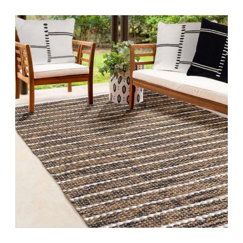 Tapis rectangulaire en jute et coton, effet rayé noir beige écru, 60x90cm - Atout Ciel 69012