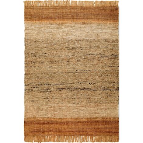 Tapis rectangulaire marron en laine et jute avec franges - marron naturel avec nuances beige