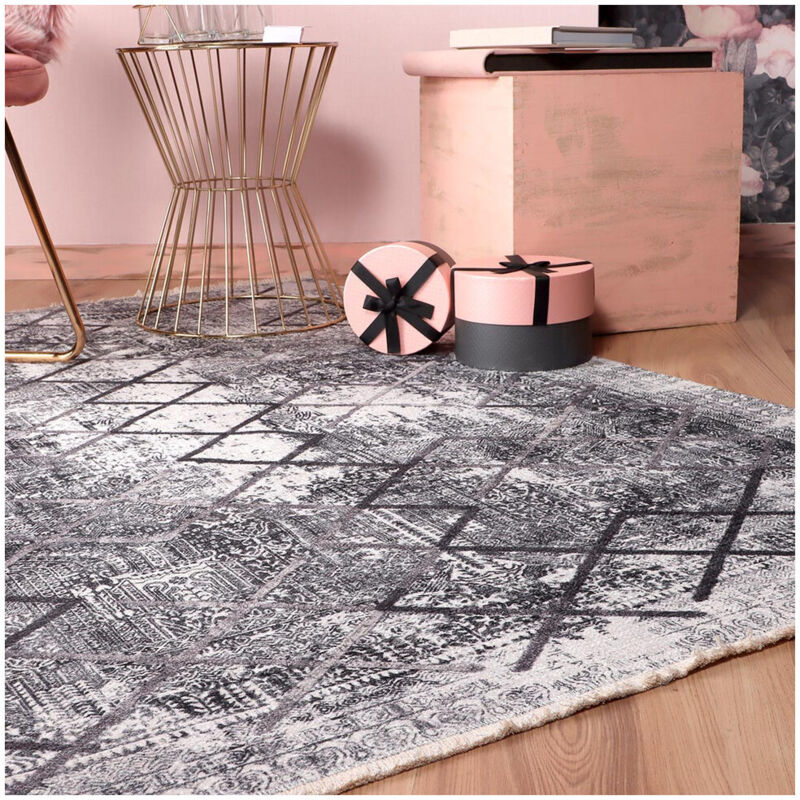 Deladeco - Tapis recyclé design graphique lavable en machine Latium Gris 75x150