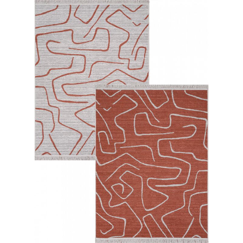 Tapis réversible terracotta crème géométrique colorado 01 en coton et lavable en machine 80x150 cm