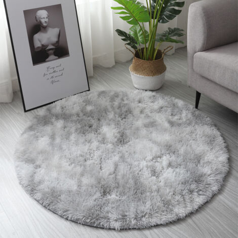 Tapis rond 100 cm gris argenté, peluche tie-dye, antidérapant et lavable, pour salon, chambre d’enfant, bébé ou adolescents