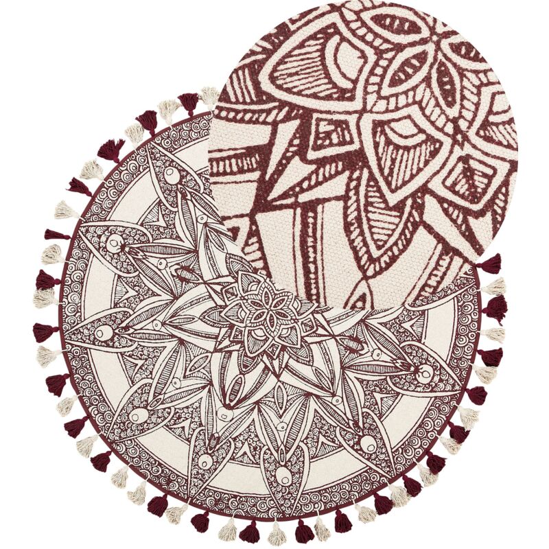 Beliani - Tapis Boho Rond en Coton 120 cm avec Motif et Pompons Rouge et Blanc Oltu