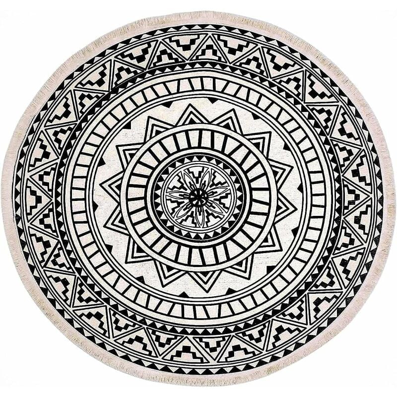 Fei Yu - Tapis rond, 120 cm, tapis rond à franges, antidérapant, tissé à la main et facile à nettoyer, motif mandala bohème, tapis en coton
