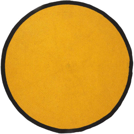 Tapis Rond Ø120cm Style Rétro Coton Jaune Moutarde et Bord Noir