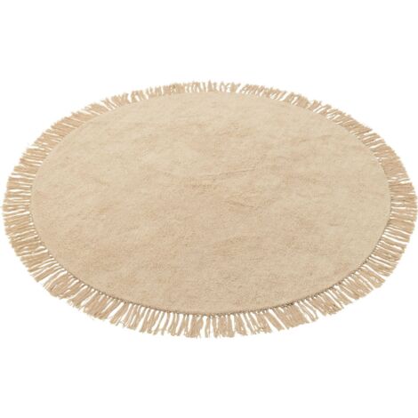 Tapis rond beige clair à franges ambiance chaleureuse salon - Beige clair naturel