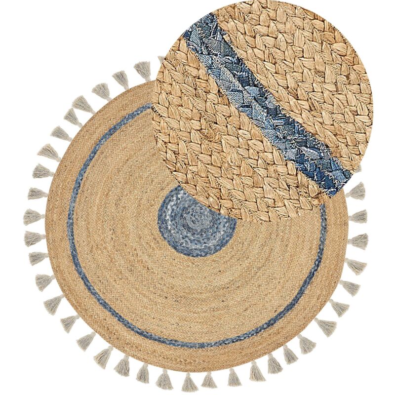 Beliani - Tapis Rond Beige et Bleu en Jute et Coton Tressé 140 cm à Pompons Style Boho Obakoy