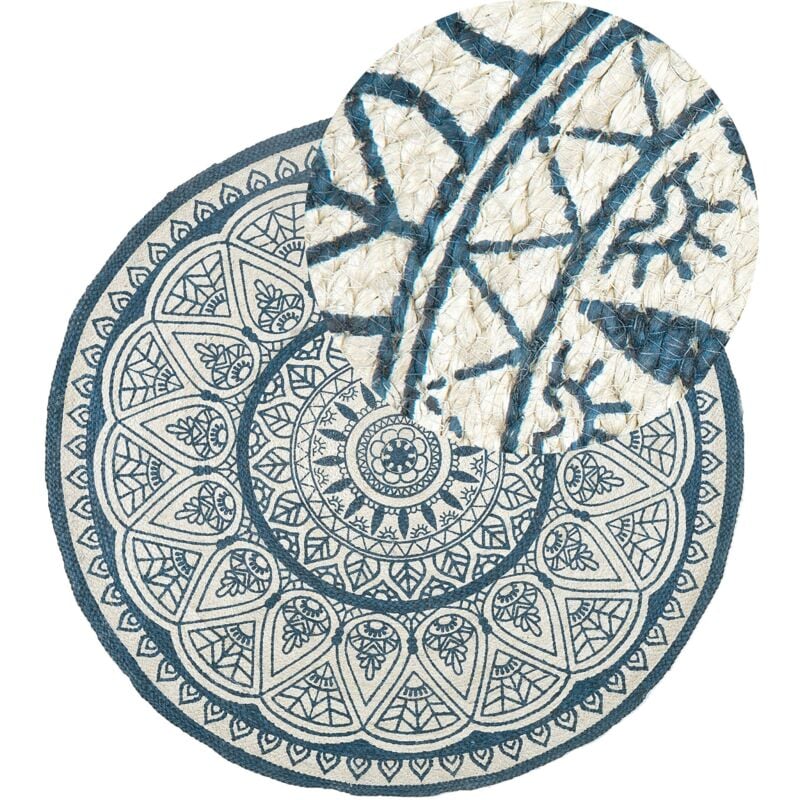 Tapis Rond Bleu Motif Mandala Tendance en Jute ø 120 cm pour Chambre ou Salon Oriental Beliani