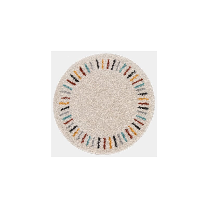 Décoweb - Tapis rond chambre d'enfant berbère - Adel - Beige et traits multicolore - ø 120 cm