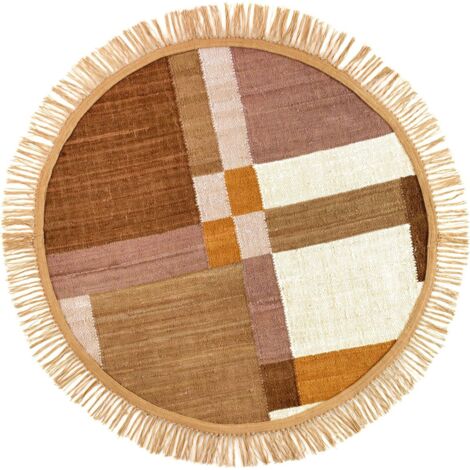 Tapis rond coton marron à franges style bohème multicolore - Marron multicolore à franges beiges