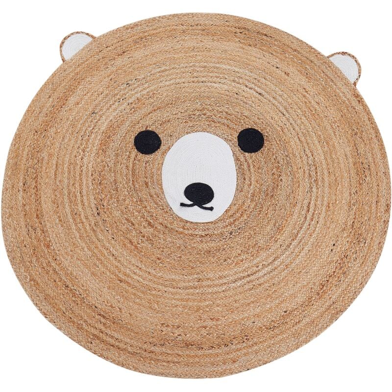 Tapis Rond Décoratif Chambre Enfant avec Motif Ours ø 120 cm en Jute Beige Kosalar