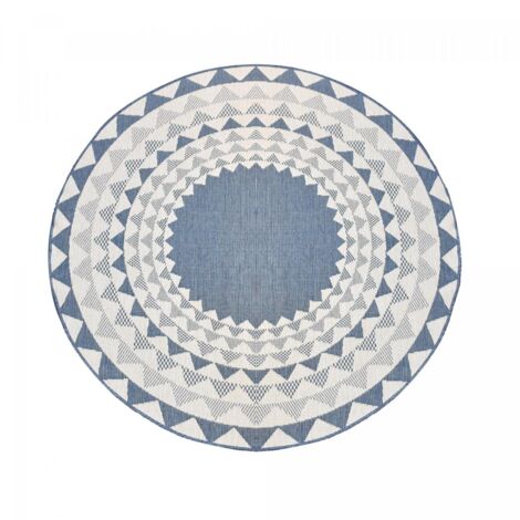 Tapis rond d'extérieur, kilim reversible LYN2 C ROND REVERSIBLE Ø240cm bleu et blanc