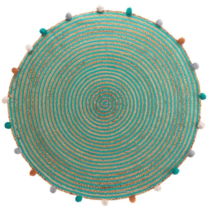 Douceur D'intérieur - Tapis rond d'intérieur à pompoms 'Baloo' - Bleu/Marron - d 90 cm - Livraison gratuite