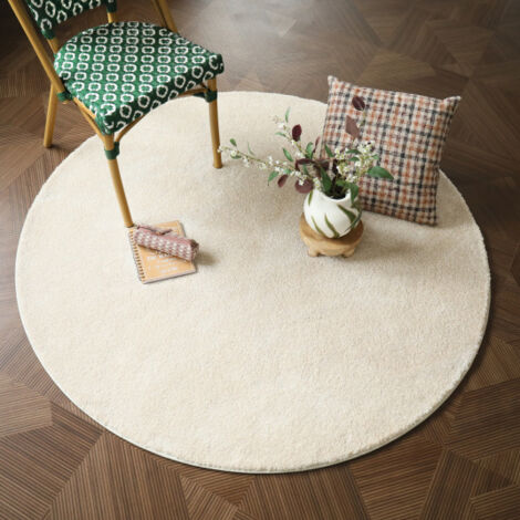Tapis rond doux poils longs - Touch beige clair - Galon blanc coton - Ø 250 cm