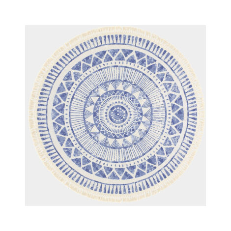 Tapis rond en coton blanc à franges - Aztèque - Motifs bleu - Rond Ø 150 cm
