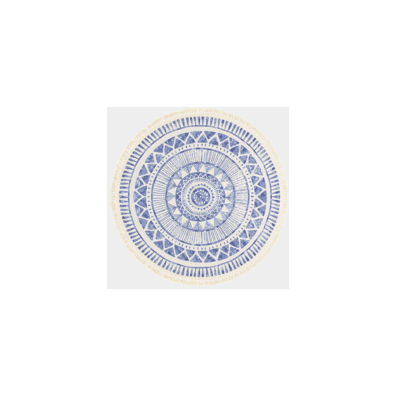 Décoweb - Tapis rond en coton blanc à franges - Aztèque - Motifs bleu - ø 160 cm