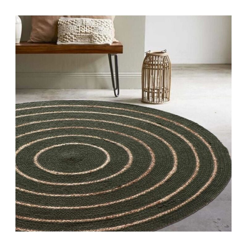 Atout Ciel - Tapis rond en coton tressé, effet jute rayé, kaki, 120 cm 69019