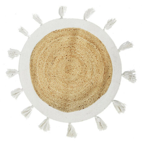 Tapis rond en jute avec pompons - Beige et blanc - D 80 cm - Livraison gratuite