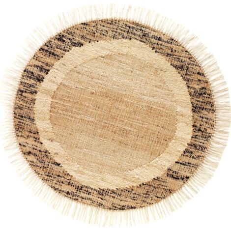 Tapis rond en jute laine et coton beige marron avec franges - Beige naturel et marron chaleureux