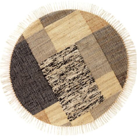 Tapis rond en jute laine et coton finition franges multicolore - marron multicolore à motifs naturels