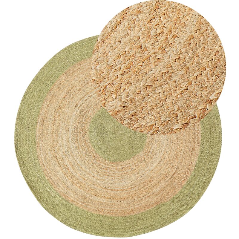 Tapis Rond en Jute Tressé Beige et Vert 140 cm Fait Main de Style Bohème Yayalar