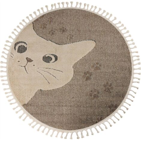 Tapis rond enfant chat taupe effet 3d cut loop - 170 x 120 cm