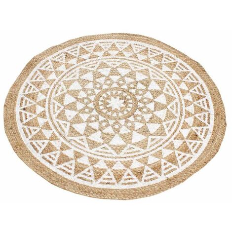 Tapis rond ethnique en jute mandala blanc 90 cm