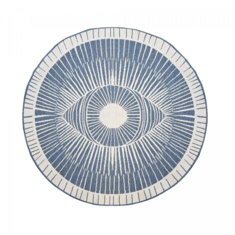 Tapis rond extérieur kilim réversible Ø120cm bleu et crème – Tissé en polypropylène – Antistatique et hydrofuge – Motifs géométriques – Jadorel