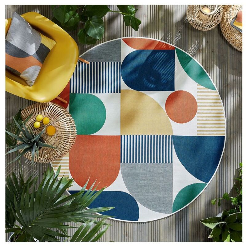 Flair Rugs - Tapis rond graphique intérieur et extérieur design Geo Fusion Ochre Ø160