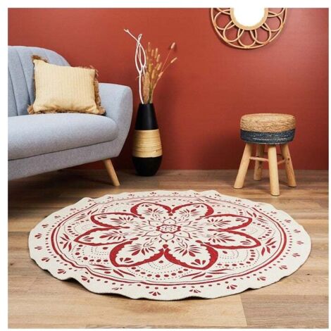 Tapis Rond Imprime Mandala Terracotta 120cm