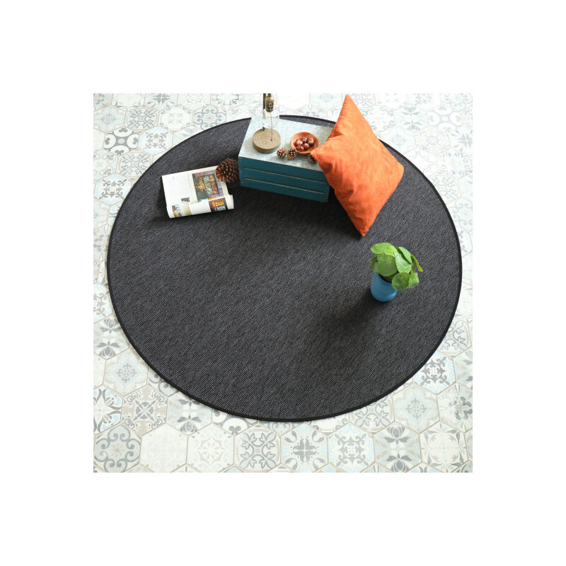 Décoweb - Tapis rond intérieur / extérieur - Timika gris ardoise - Galon noir - ø 120 cm