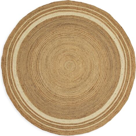 Tapis rond jute naturel et blanc style authentique salon cosy - Naturel jute et blanc écru