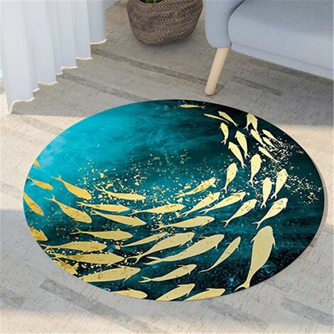 Tapis rond lavable en machine, tapis d'entrée absorbant antidérapant de style chinois 3D bleu doré intérieur chambre salon (100 cm, Golden Koi)