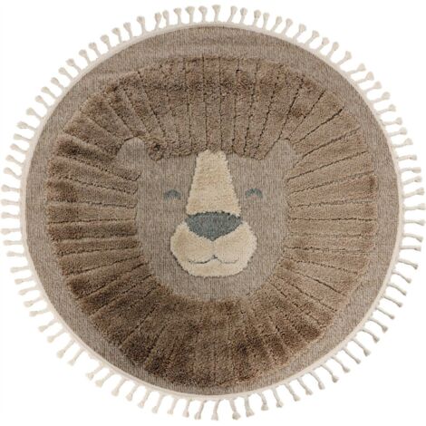 Tapis rond lion enfant gris effet 3d doux - 170 x 120 cm