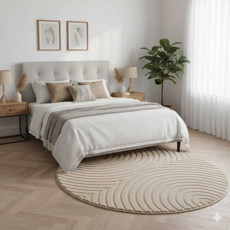 Tapis Rond Moderne 3D Art - 160 cm x 160 cm - Beige - Design Géométrique Élégant - Antiallergique, Ayyildiz