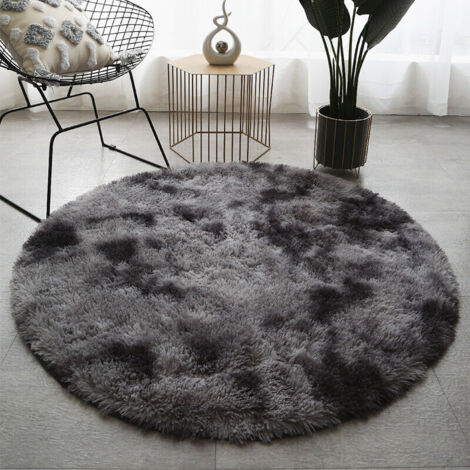 Tapis rond moelleux extra doux pour salon, chambre ou table basse, motif tie-dye gris clair, 120 x 120 cm