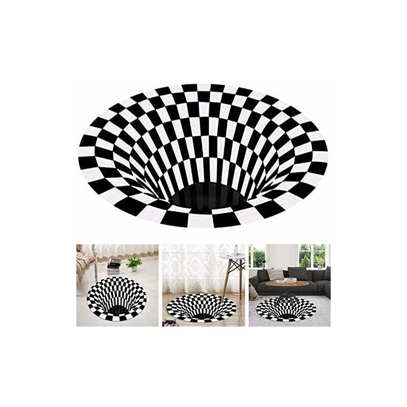 Fei Yu - Tapis Rond Noir Blanc Grille,Tapis D'illusion 3D Vortex,Tapis 3D Vortex Chambre Salon,Tapis de Sol 3D Area Rug,Tapis Vortex