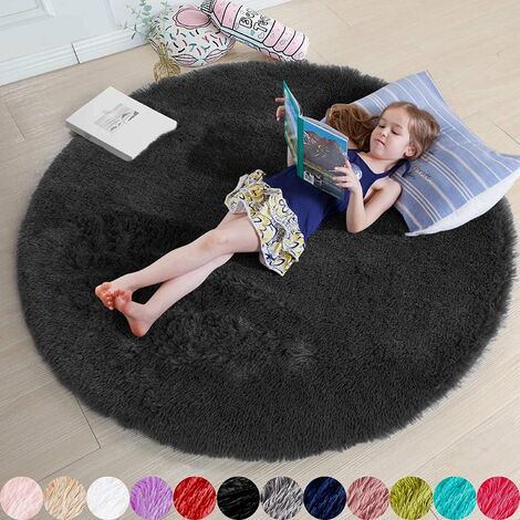 Tapis rond noir pour chambre à coucher, tapis rond duveteux 5'X5' pour chambre d'enfant, tapis en fourrure pour chambre d'adolescent, tapis circulaire hirsute pour chambre de bébé, tapis en peluche fl