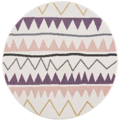 Tapis Rond pour chambre d'enfant Crème Motif Géométrique Rose (120x120cm)