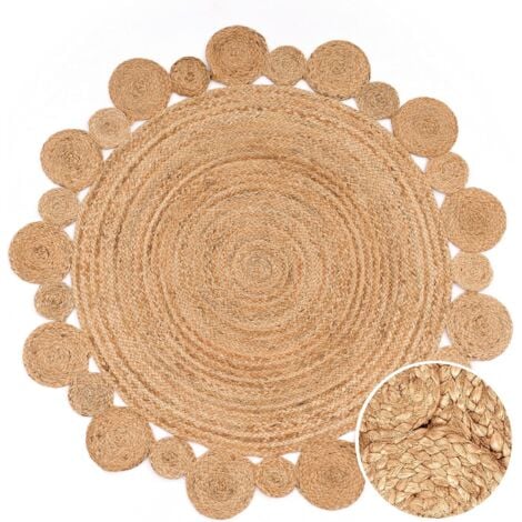 CLENF MALL Tapis Rond Salon Jute Motif Ethnique Boho Moderne Fait Main Tapis Naturel, Dimension:60 cm Rond, Couleur:Naturelle 2
