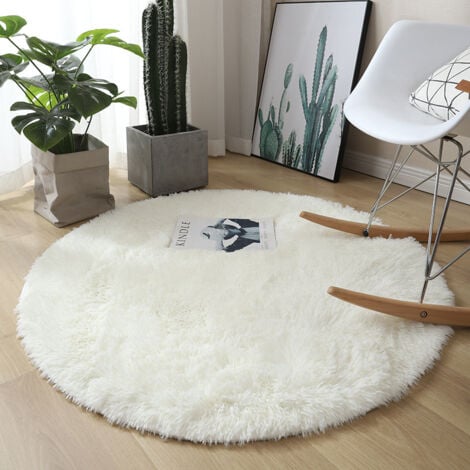 KCVV Tapis rond salon peluche grande taille tapis doux (blanc, diamètre 100 cm rond)