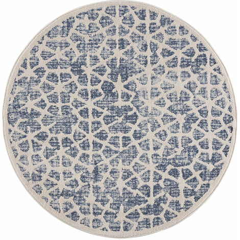 Tapis Rond Scandinave à franges tressées Bleu et Crème