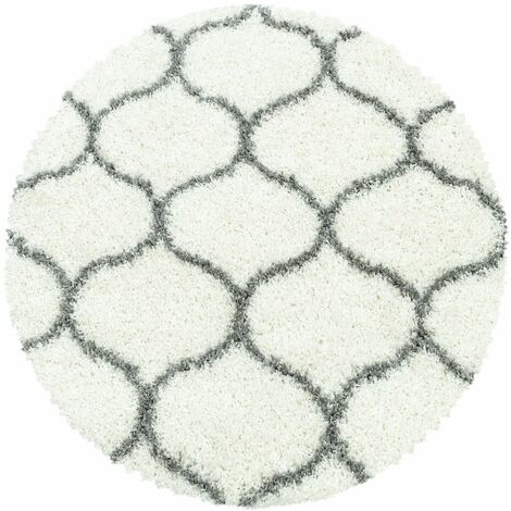 Tapis Rond Shaggy Poils Longs Motifs Alhambra SALMA (Blanc - 160x160cm)