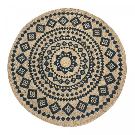 Tapis rond tissé Ø120cm beige et bleu en jute motif ethnique pour salon BLARON