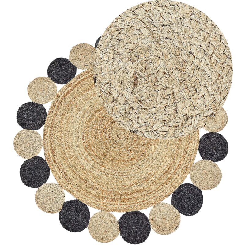 Beliani - Tapis Rond Tressé Design Boho 140 cm en Jute Naturelle et Noir Vostan