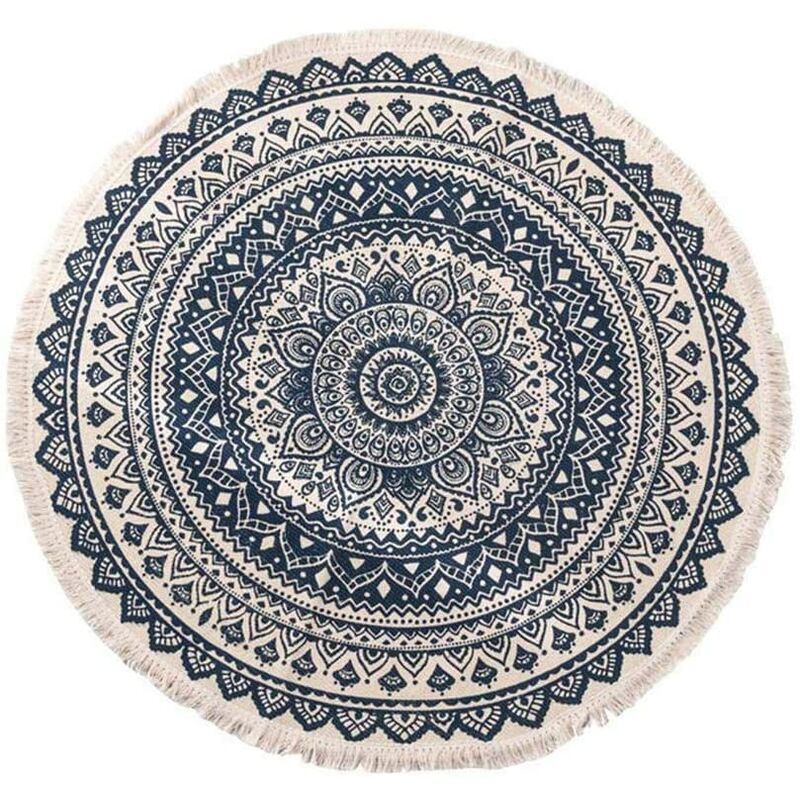 Ayyqh - Tapis ronds en coton 90cm lavables en machine tissés à la main glands tapis cercle tapis chic motif bohème tapis de sol tapis bohème pour