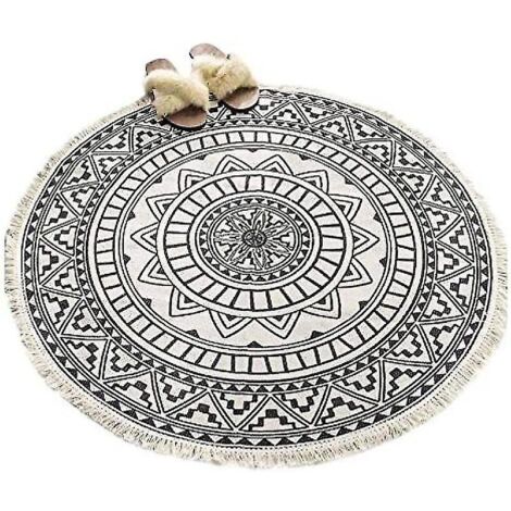 Tapis ronds, tapis circulaires, rayés, antidérapants, tissés à la main, tapis en coton faciles d'entretien avec motif mandala bohème 90 cm -