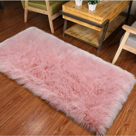 Tapis rose, tapis de chambre en peau de mouton artifici, tapis de lit en laine, tapis en peluche pour chaise et coussin de canapé, tapis rectangulaire (rose, 60 x 90 cm)