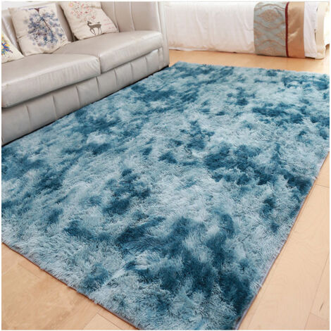 Tapis Salon 120x160cm Paon Bleu Long Poil Moderne Hypoallergénique Lavable Machine Décoration Contemporaine