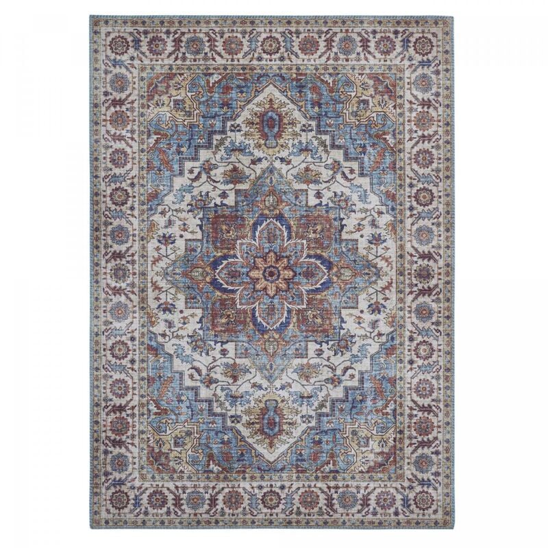 Tapis salon et chambre 160x230 bleu et blanc rectangle tissé motif oriental nikel